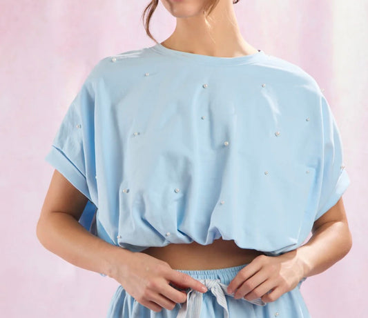 Light Blue Pearl Detail Cropped Bubble Hem Top
