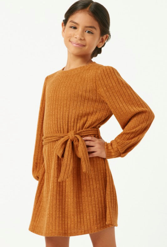 Brown Ribbed Dress with Tie