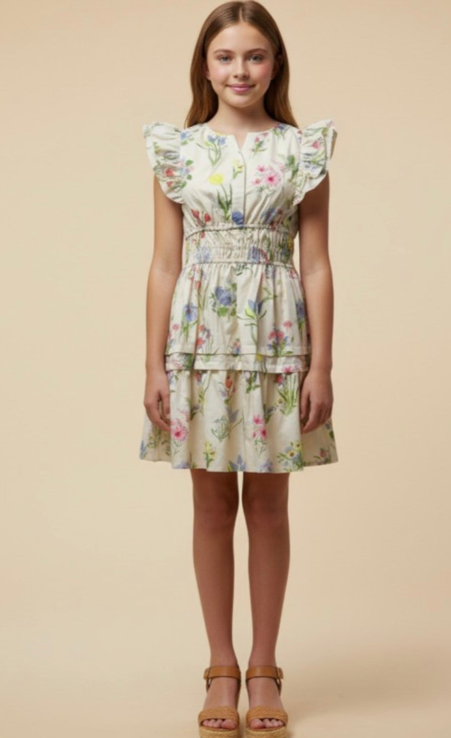 Cream Floral Smocked Ruffle Tank Dress