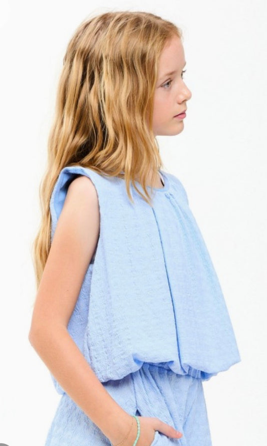 Curly Wrinkled Bubble Top, Blue