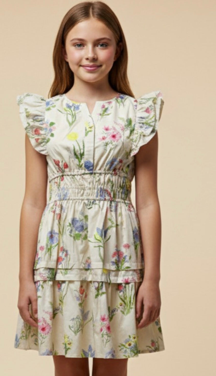 Cream Floral Smocked Ruffle Tank Dress