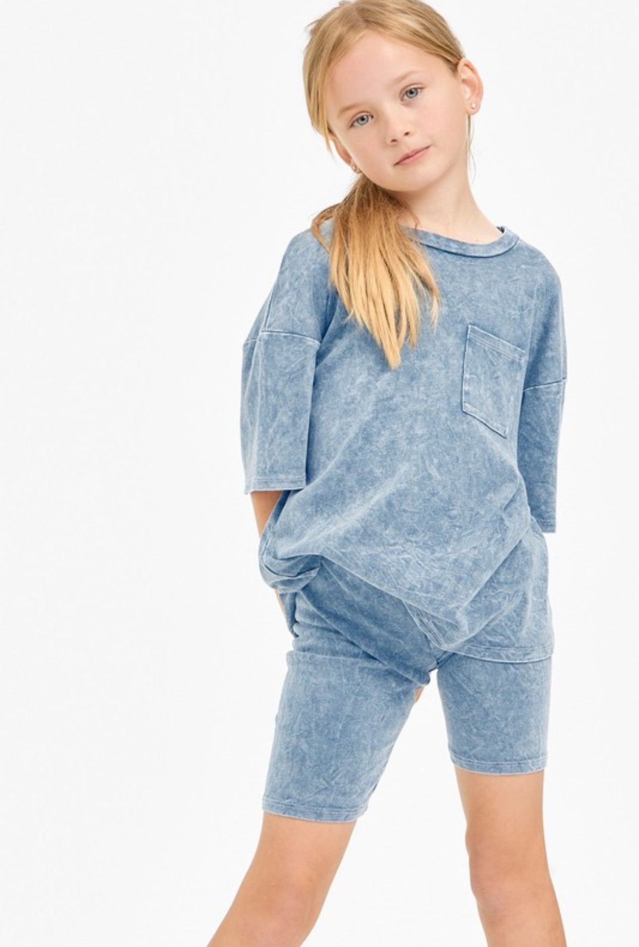 Denim Blue Mineral Washed Top and Biker Short Set