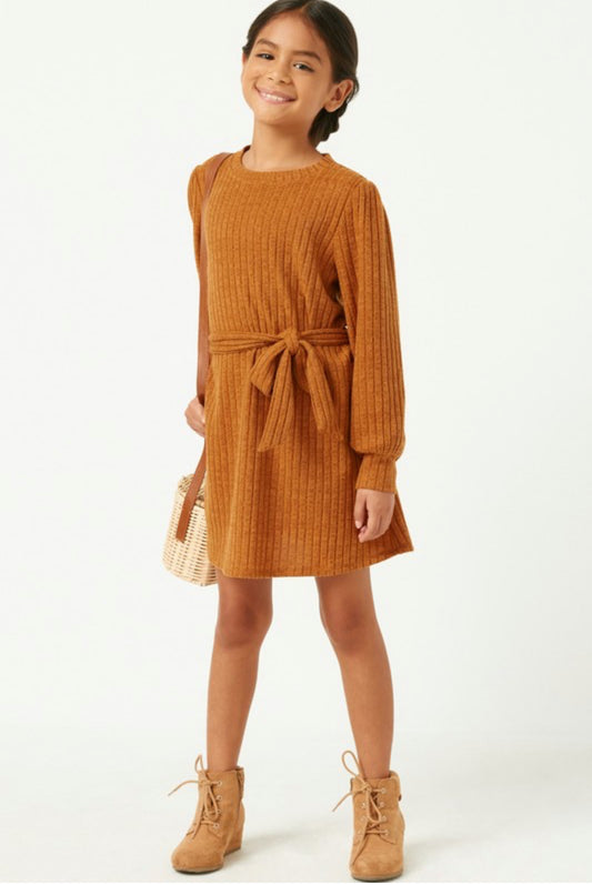 Brown Ribbed Dress with Tie
