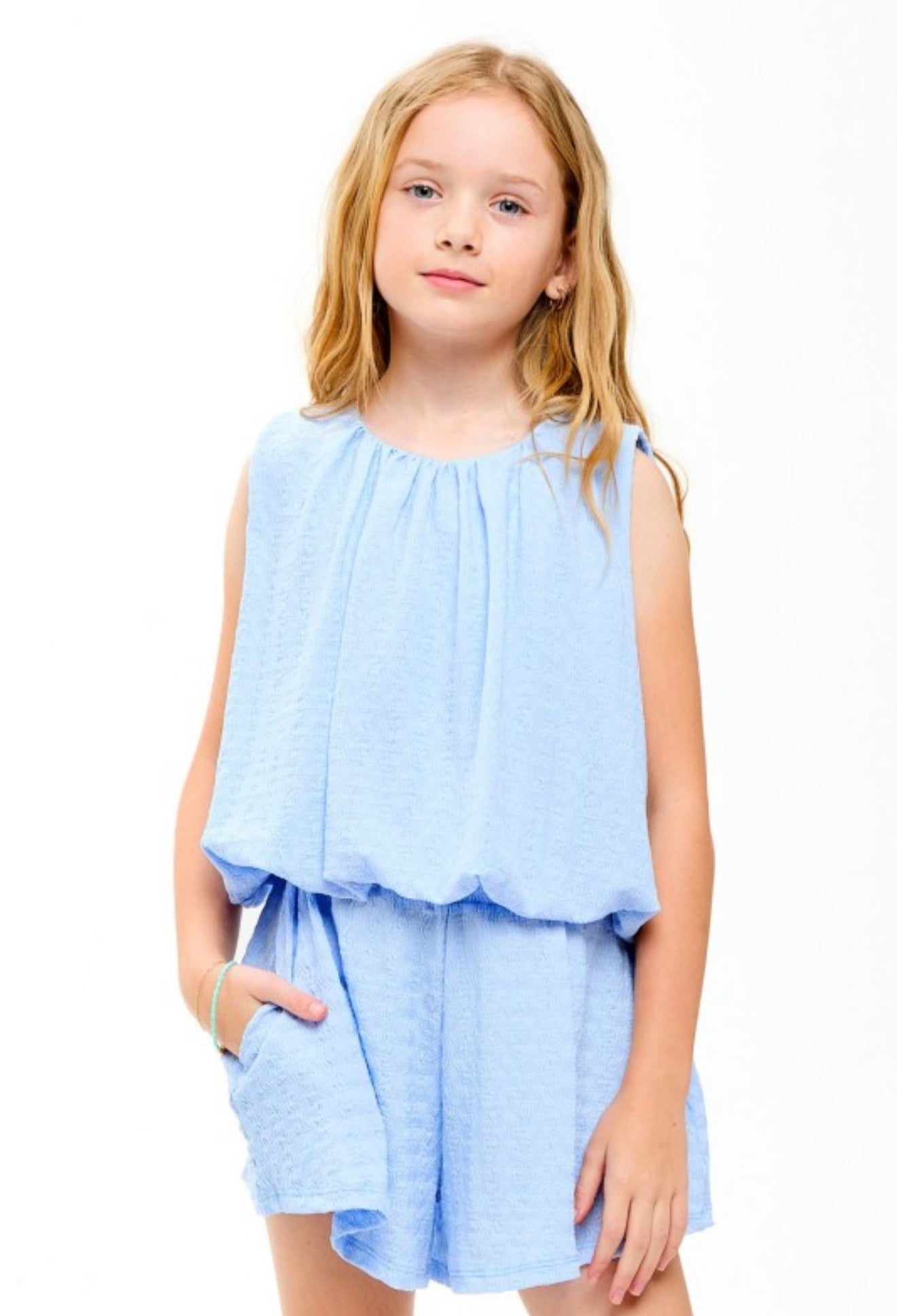 Curly Wrinkled Bubble Top, Blue