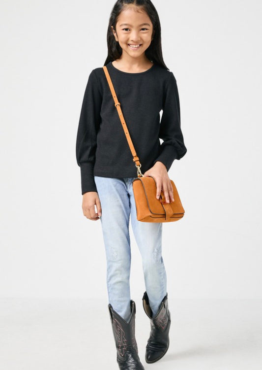 Textured Cuff Knit Top , Black