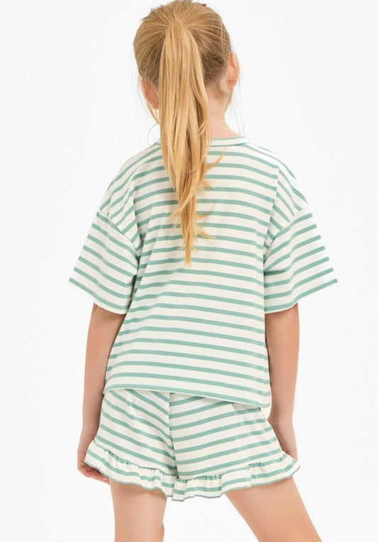 Mint Stripe Crop Top and Ruffle Short Set
