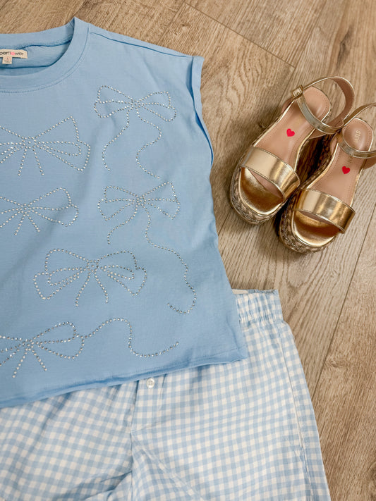 Blue Gingham Lace Trim Boxer Shorts