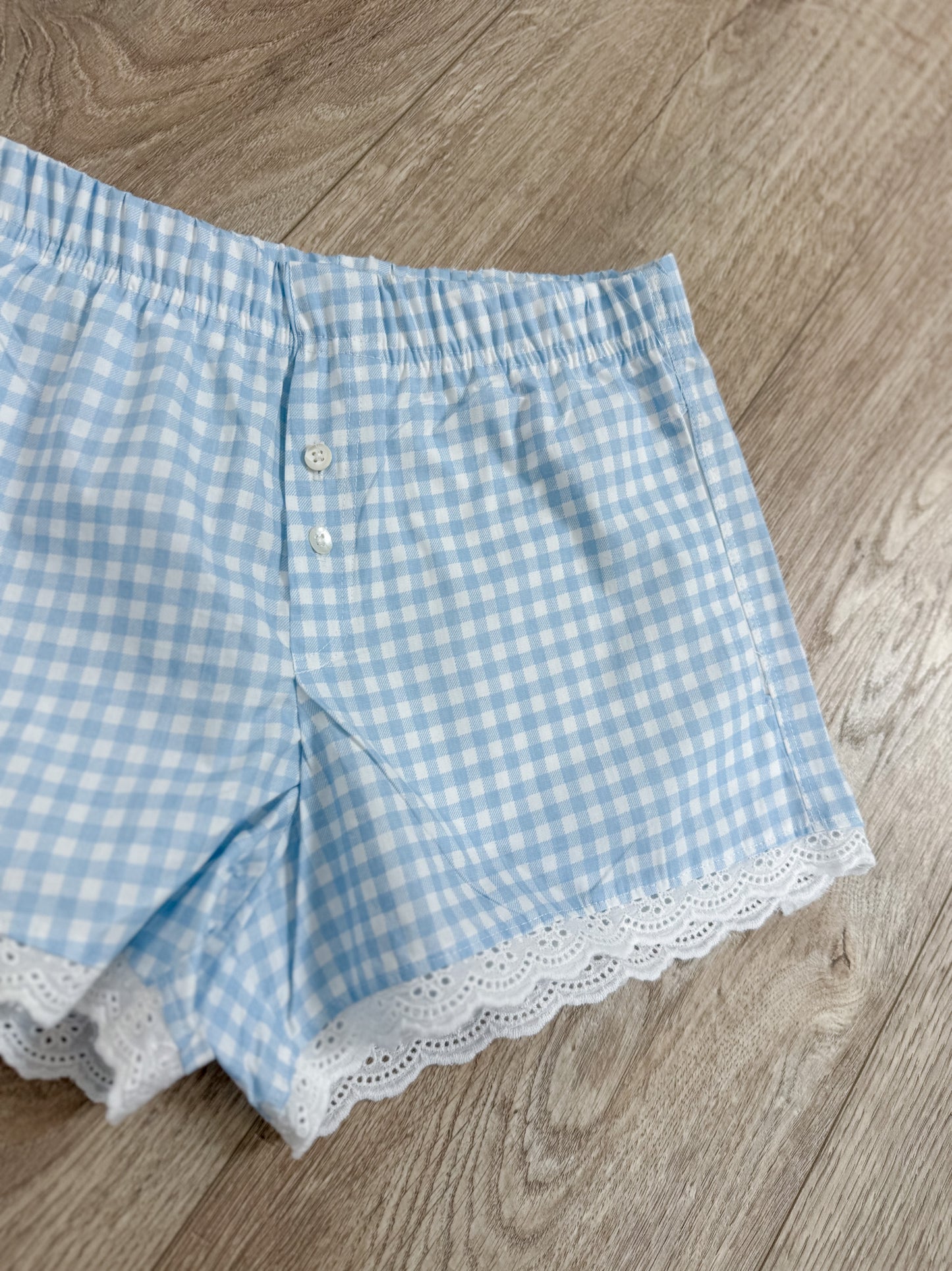 Blue Gingham Lace Trim Boxer Shorts