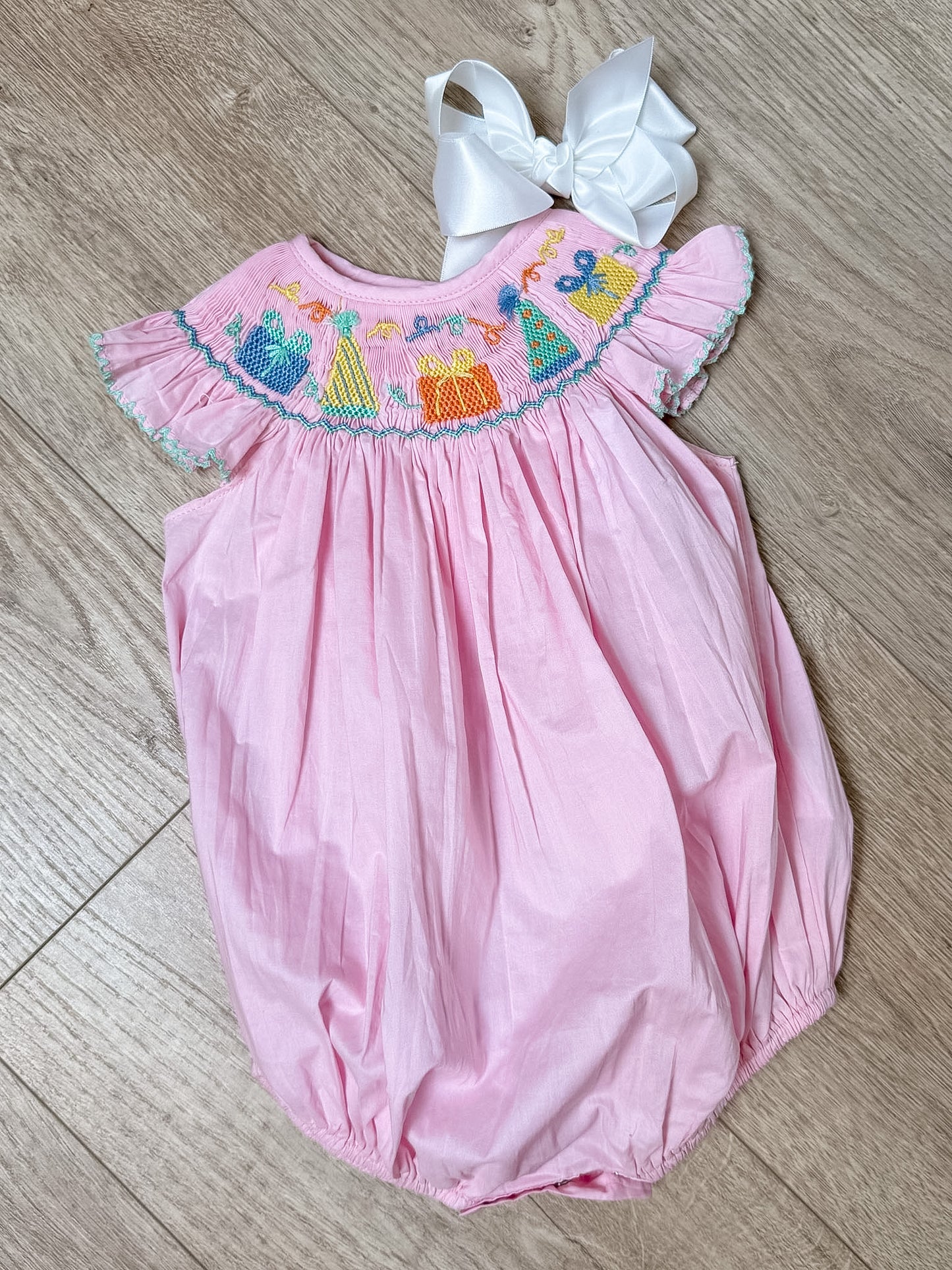 Pink Flutter Sleeve BDay Smock Bubble