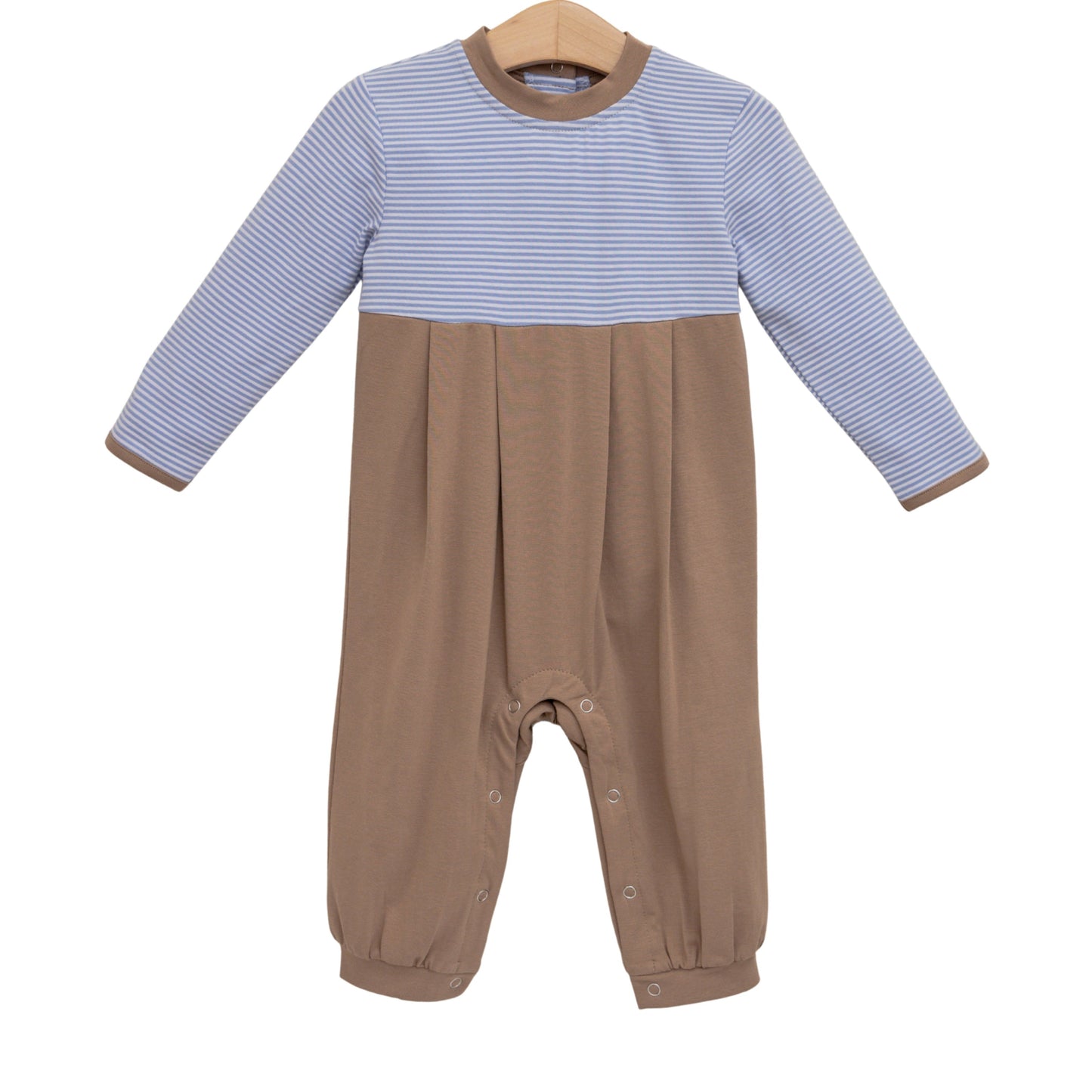 Preston Romper- Dusty Blue Stripe/Brown
