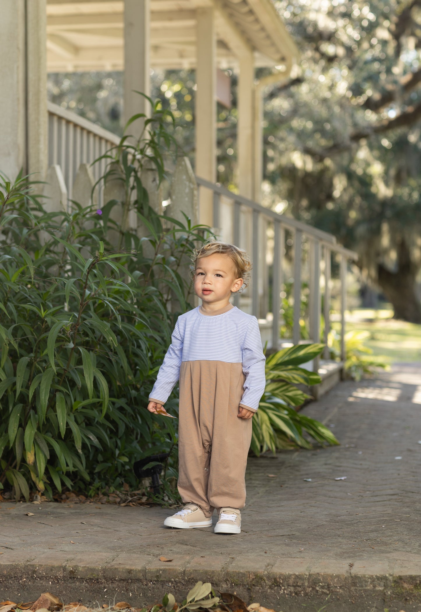 Preston Romper- Dusty Blue Stripe/Brown