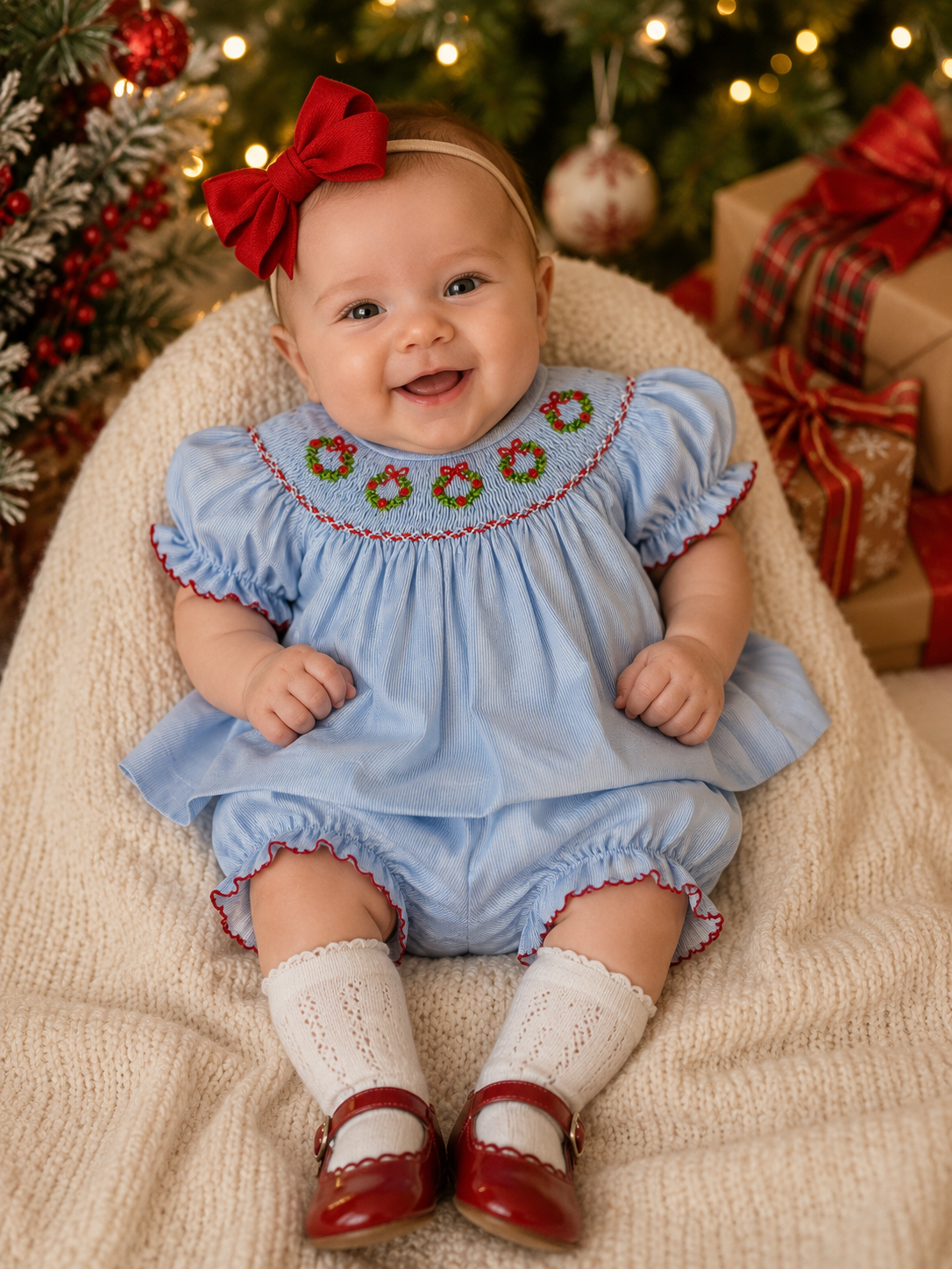 Blue Wreath Smocked Bloomer Set