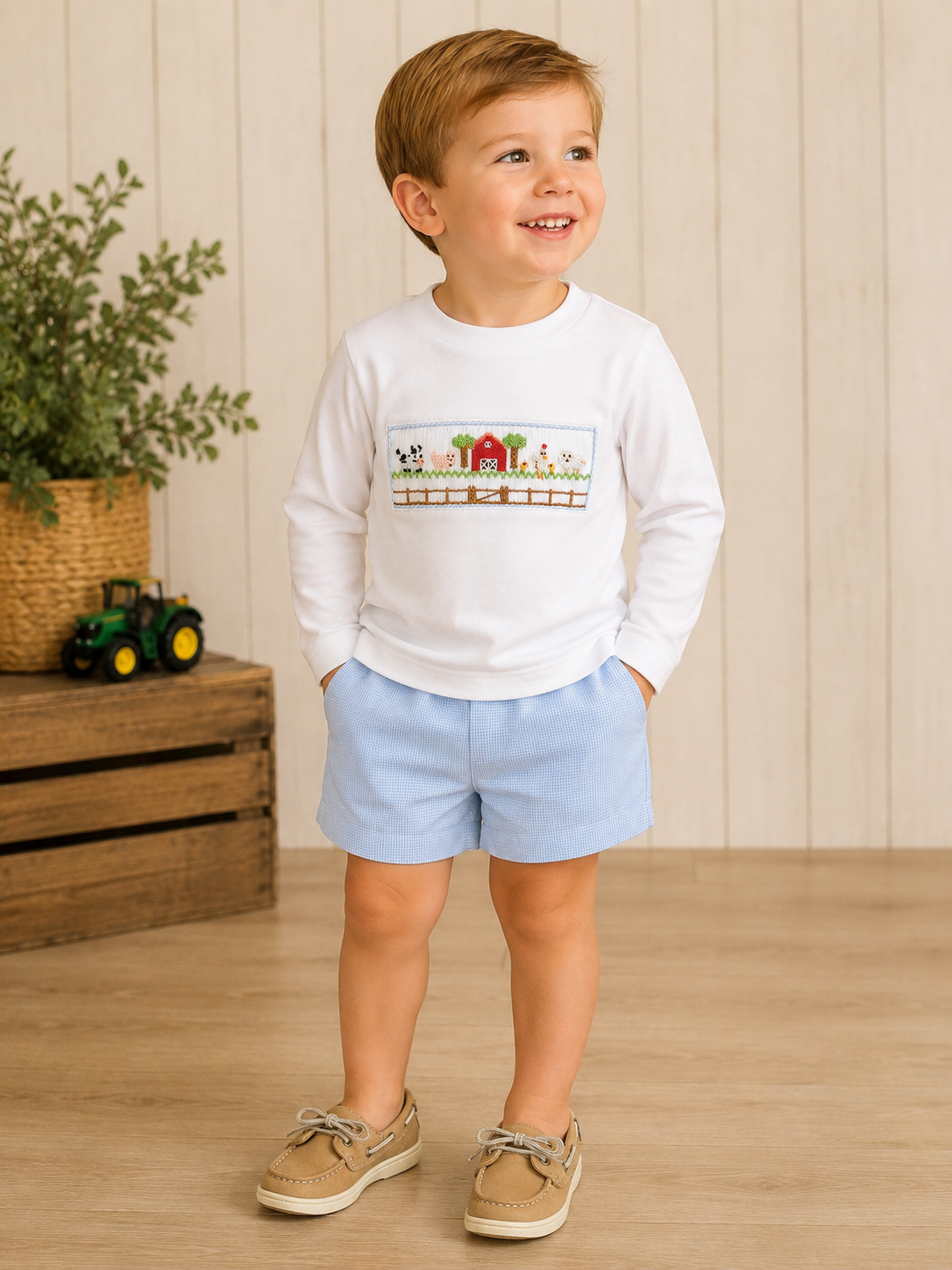 Smocked Farm Long Sleeve Short Set