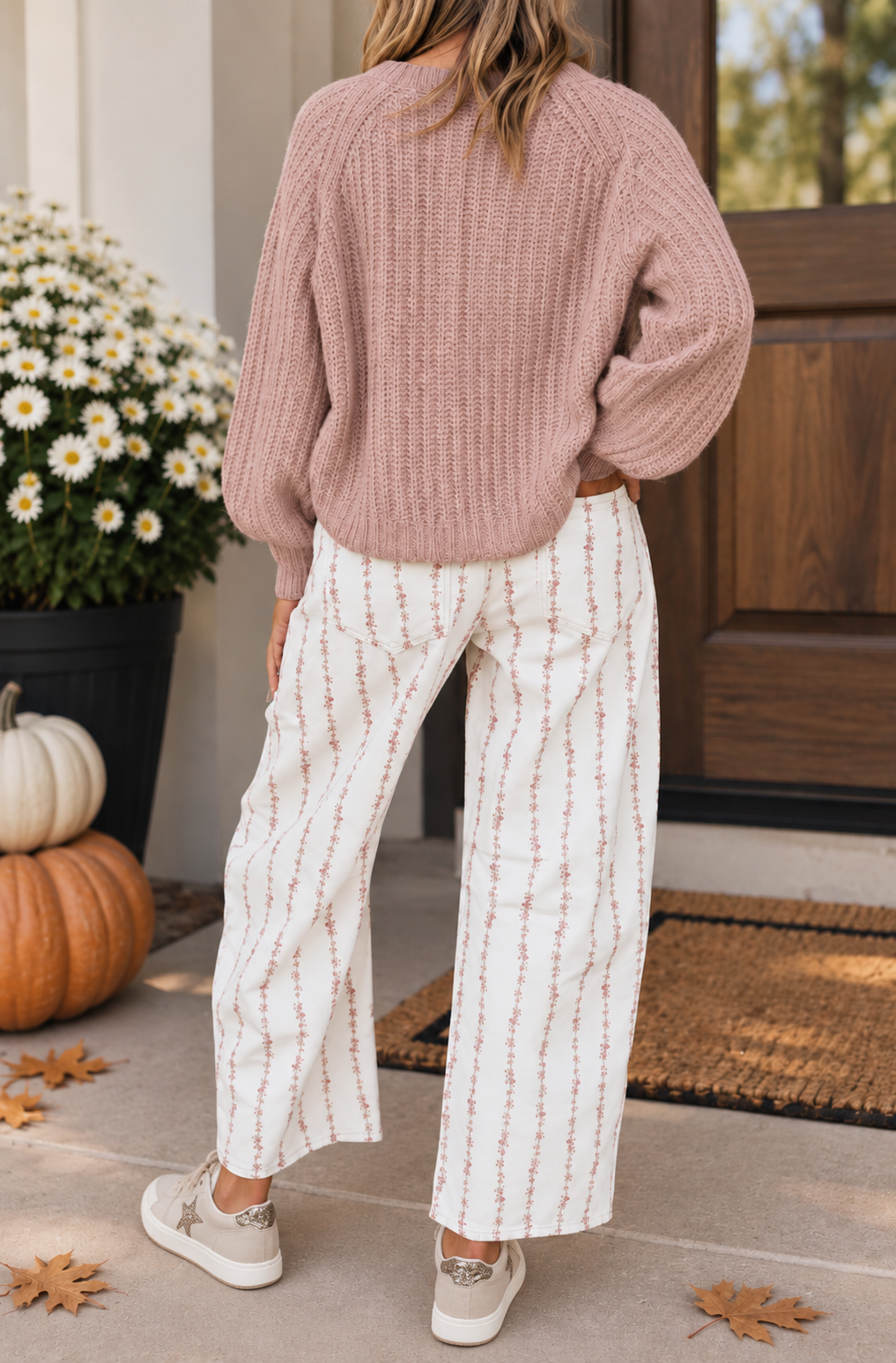Cream/Pink Floral Stitched Denim Pants