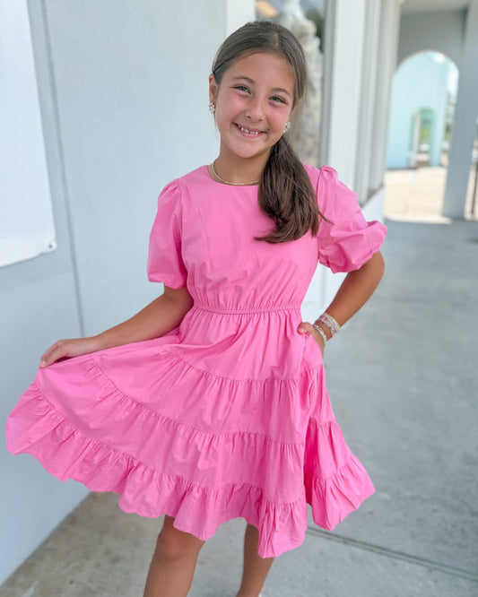 Pink Puff Sleeve Poplin Dress