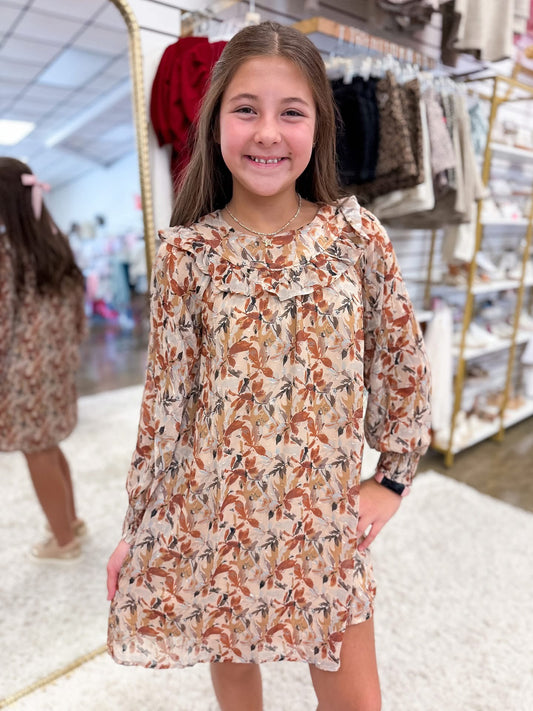 Taupe Ruffle Foliage Detail Dress