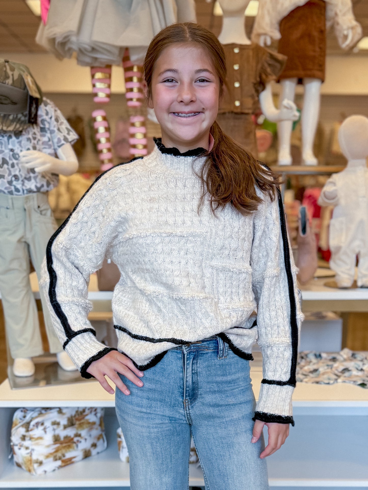 Oatmeal Contrast Stripe Sleeve Textured Sweater