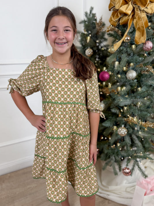 Olive Wavy Trim Block Print Dress