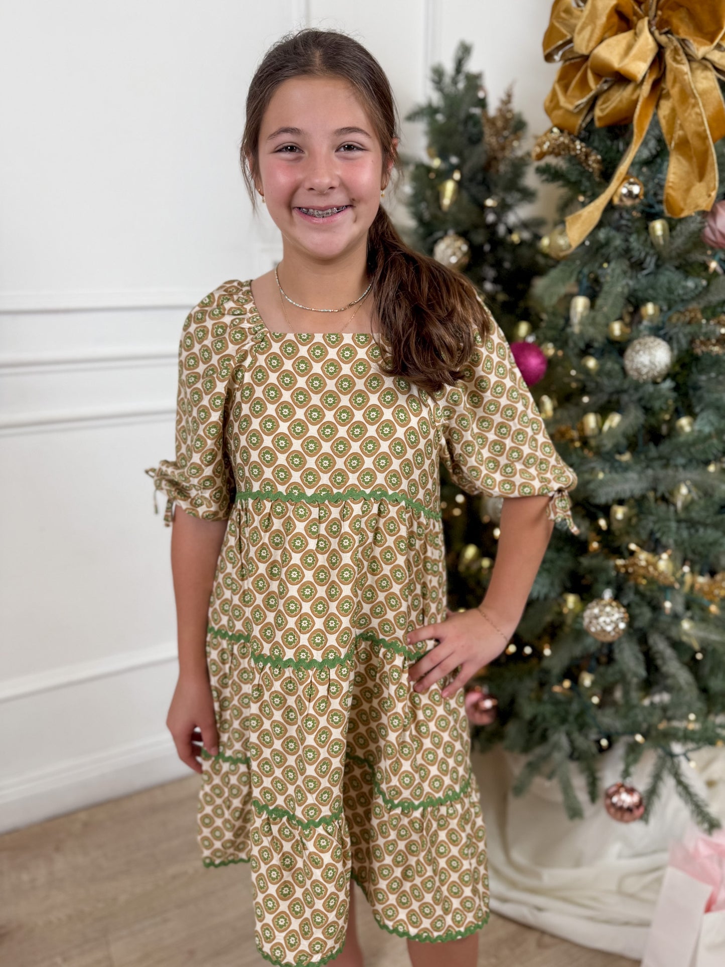 Olive Wavy Trim Block Print Dress