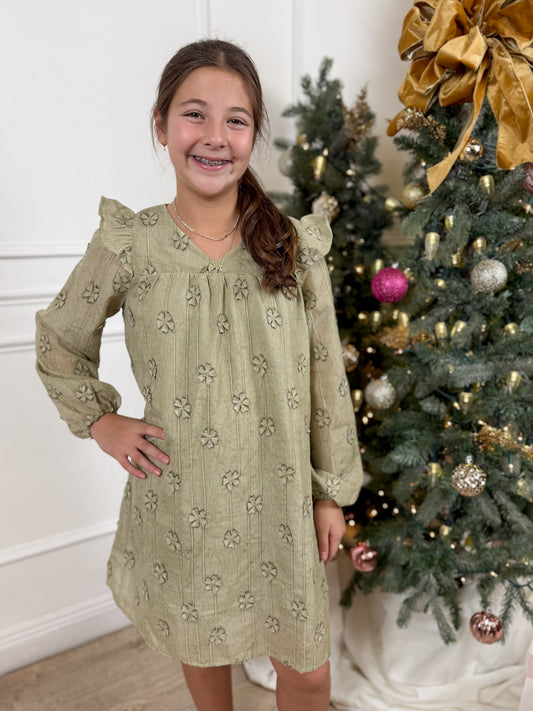 Olive Embroidered Flutter Detail Dress