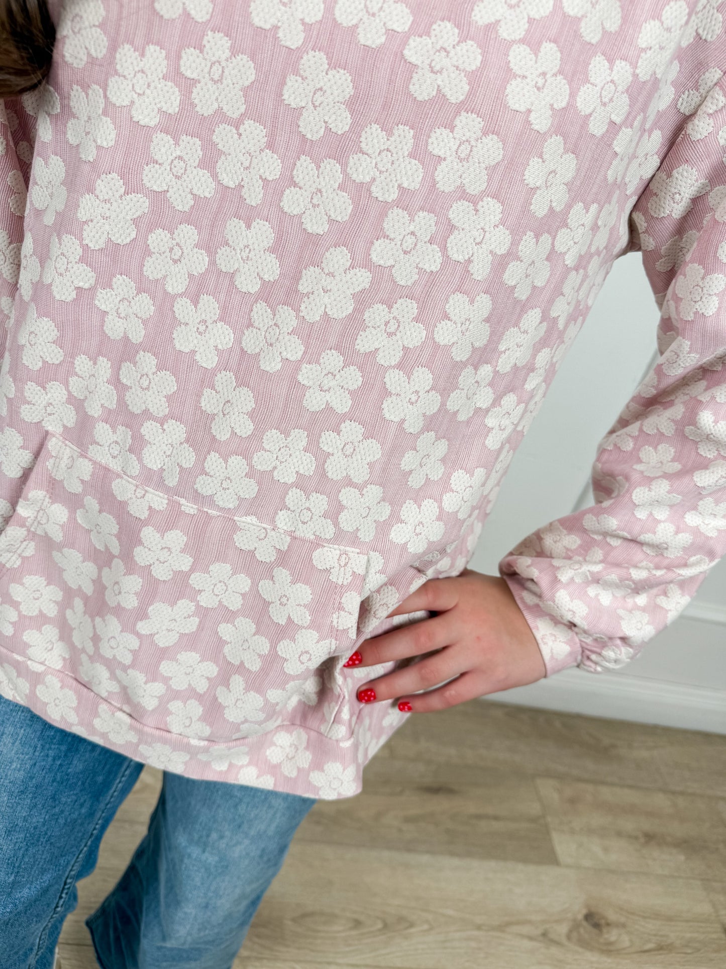 Pink Daisy Textured Hoodie