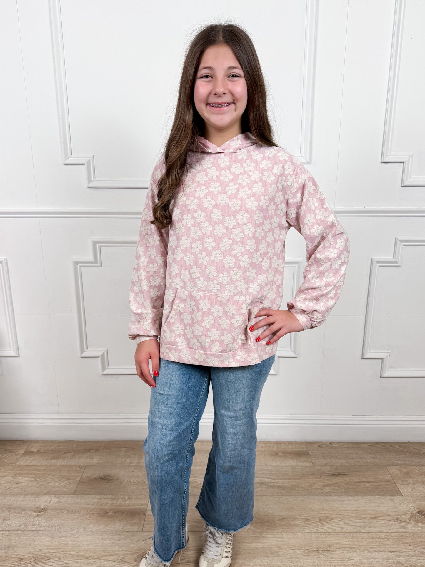 Pink Daisy Textured Hoodie