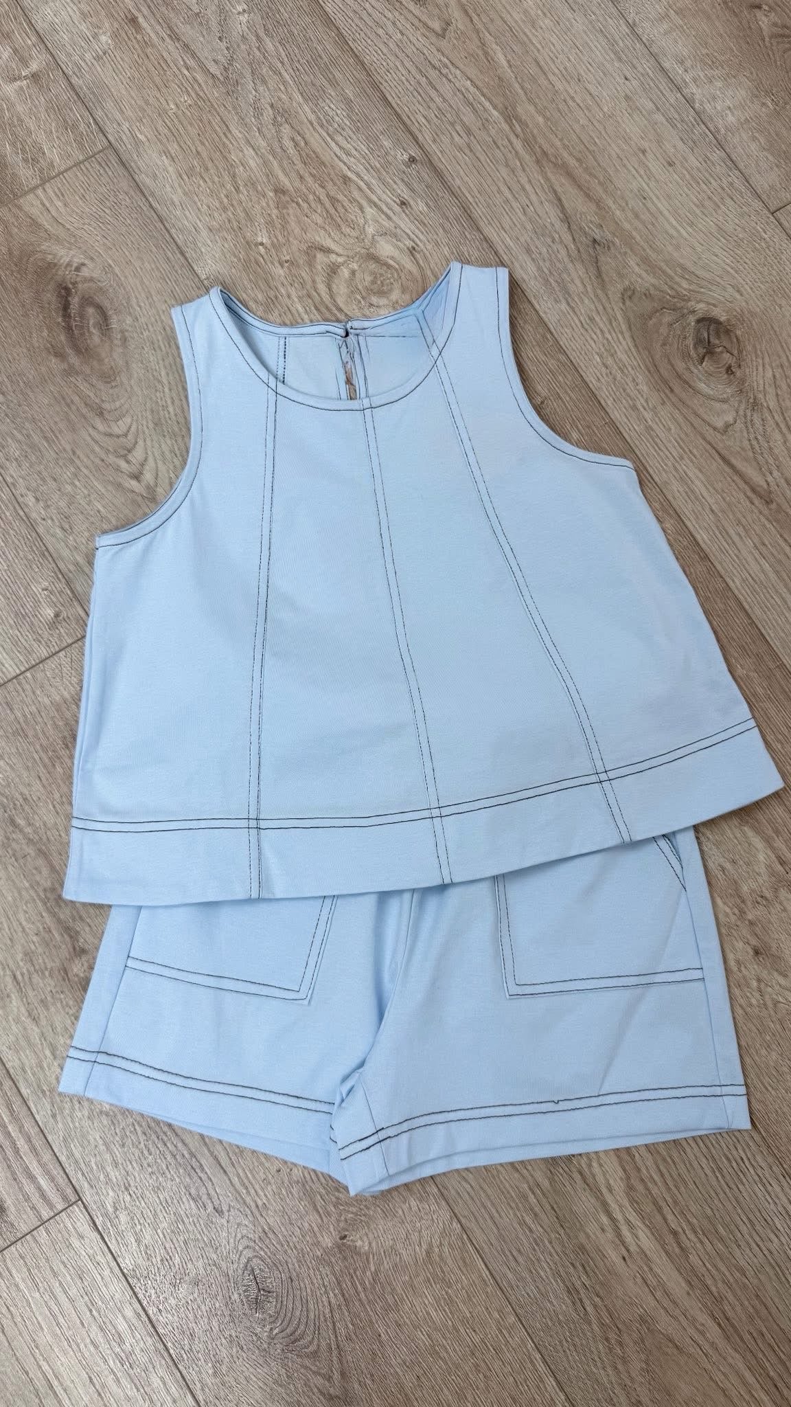 Light Blue Contrast Stitch Patch Pocket Shorts