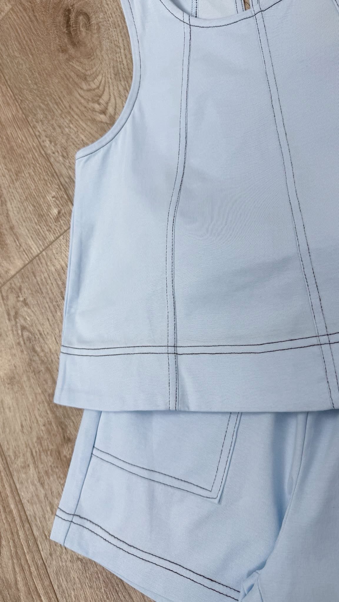 Light Blue Contrast Stitch Patch Pocket Shorts
