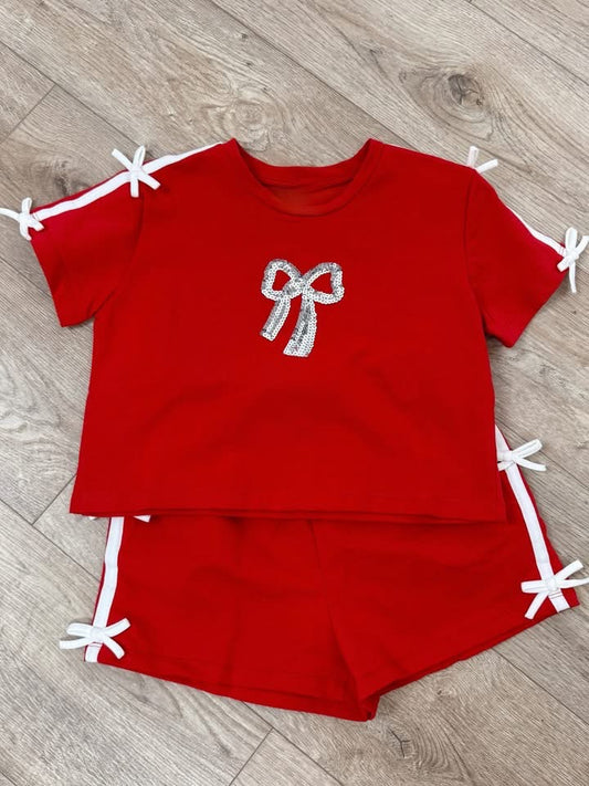 Red Sequin Bow Patch Ribbon Knit Top