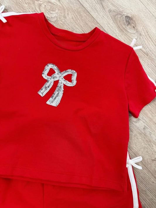 Red Sequin Bow Patch Ribbon Knit Top