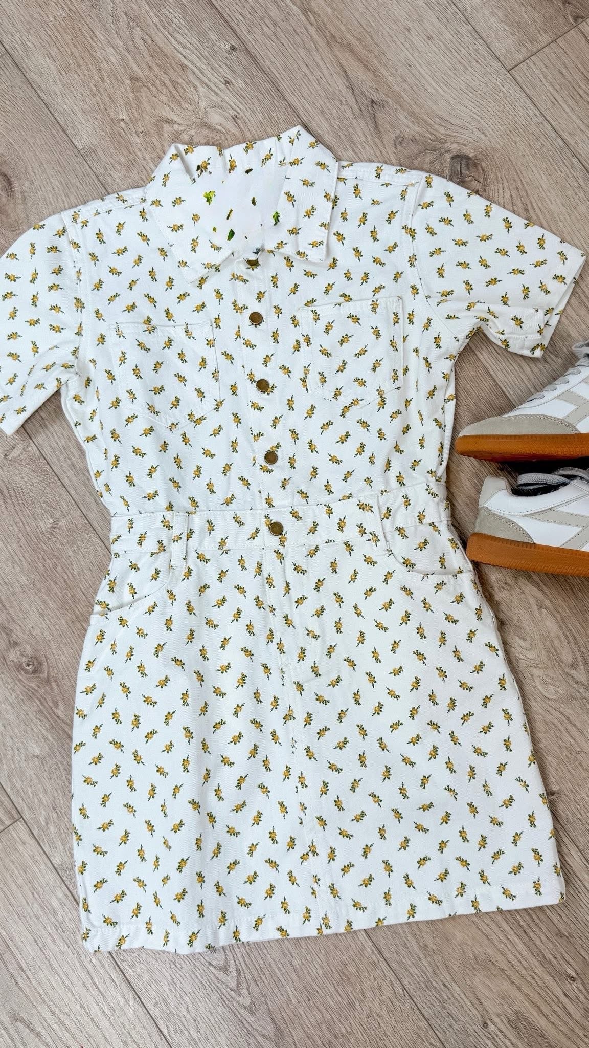 Off White Ditsy Print Button Down Twill Dress