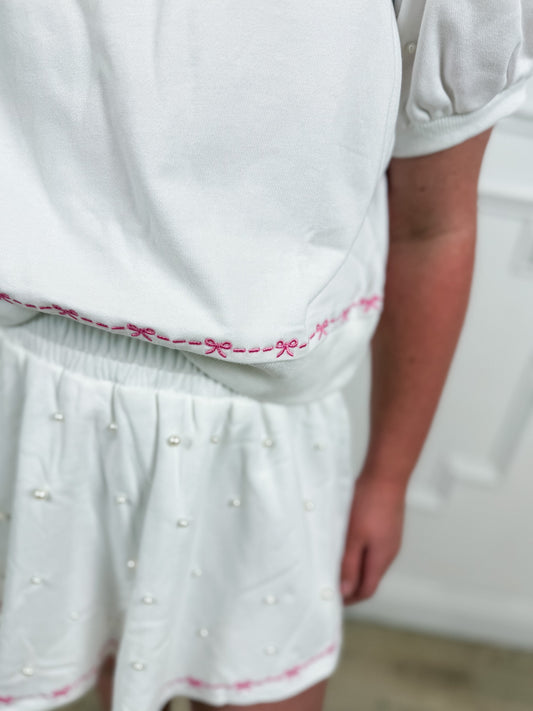 White Bow Pearl Embellished Skort