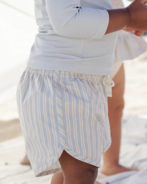 BOYS SWIM SHORT BLUE + BUTTERSCOTCH STRIPE
