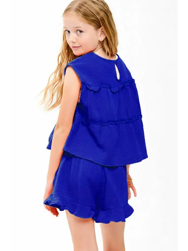 Royal Blue Cotton Gauze Ruffle Skort