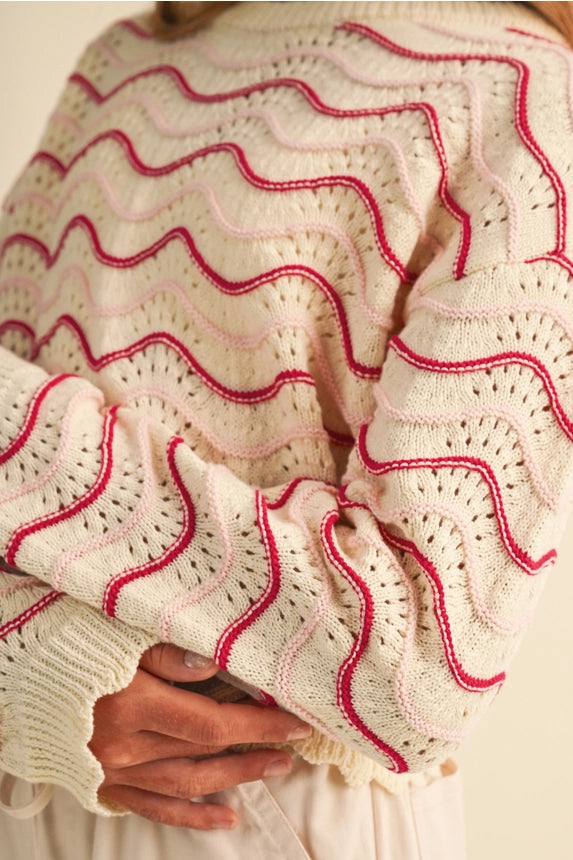Beige/Berry Wavy Knit Sweater