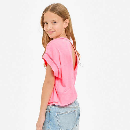 Overlap Open Back Reverse Stitched Top , Neon Pink
