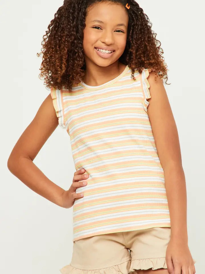Coral Ribbed Knit Multi Stripe Ruffled Tank