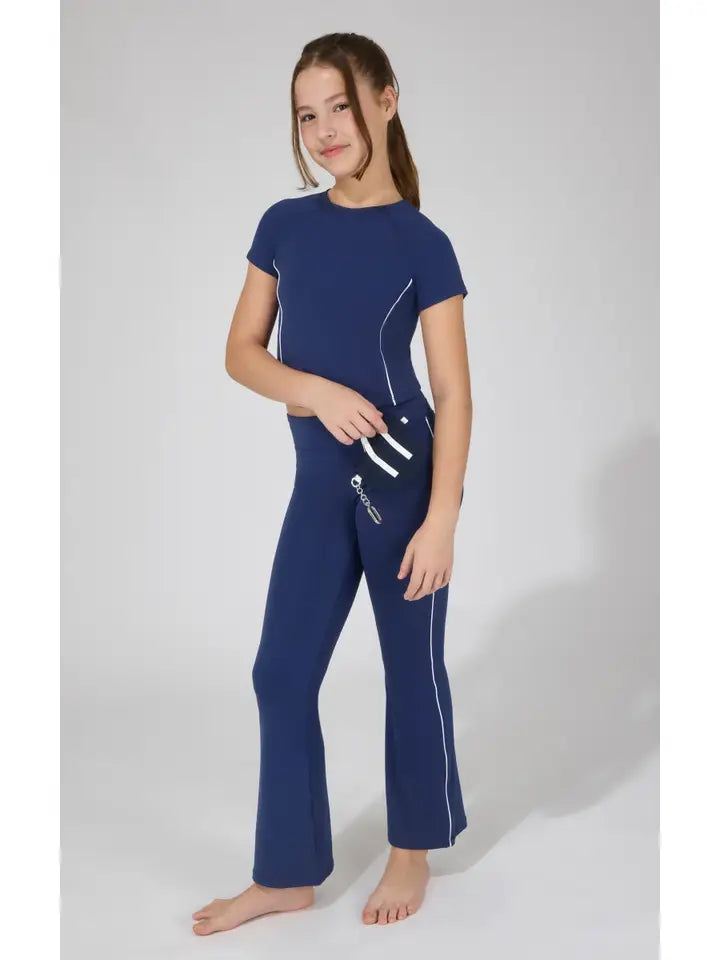 Naval Blue Contrast Piping Top and Flare Set