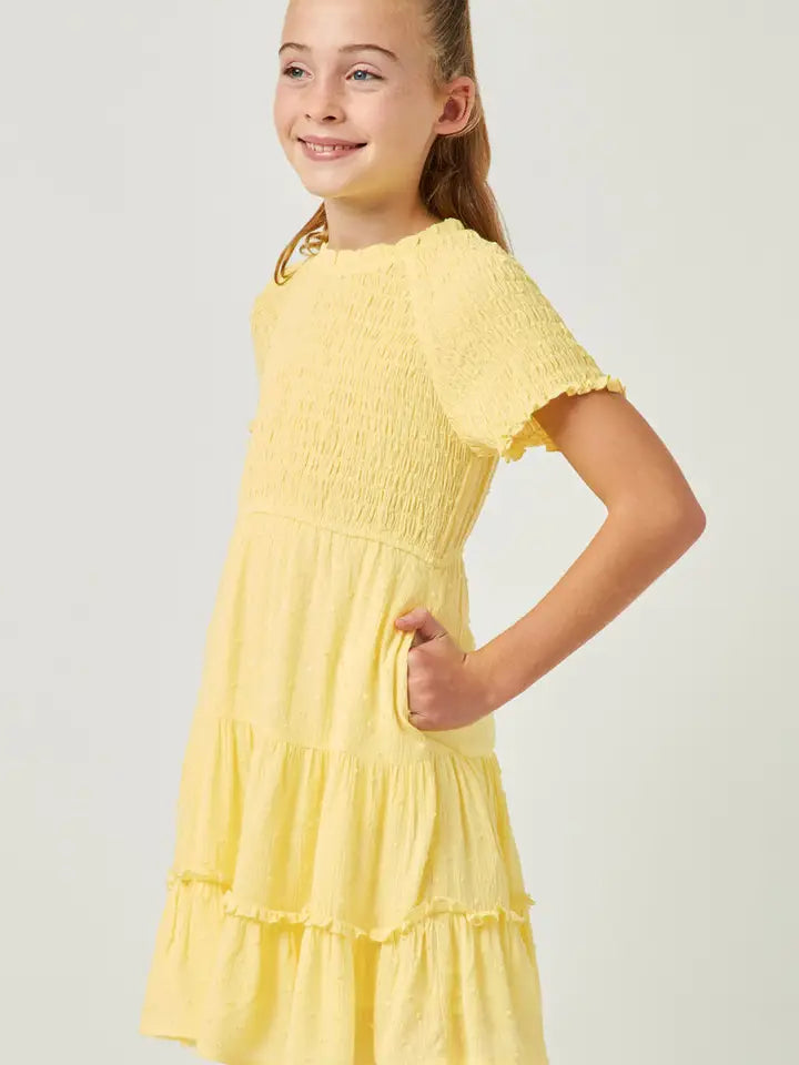 Lemon Smocked Top Tiered Swiss Dot Dress