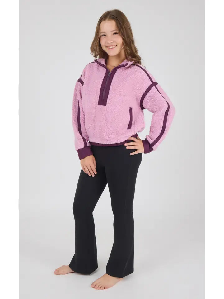 Sherpa Half Zip and Flare Pant Set, Pink Lavender/Black
