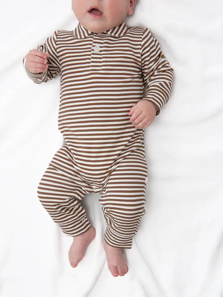 Sweatshirt Polo Romper , Choc Stripes