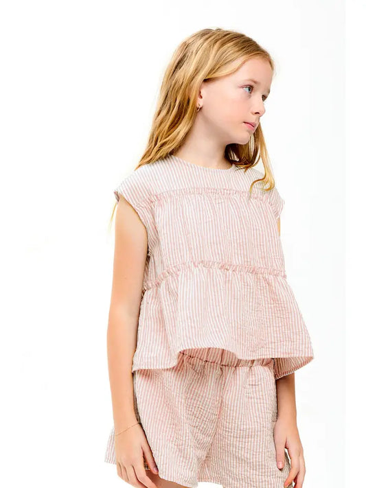 Dusty Pink Gauze Tiered Ruffle Top