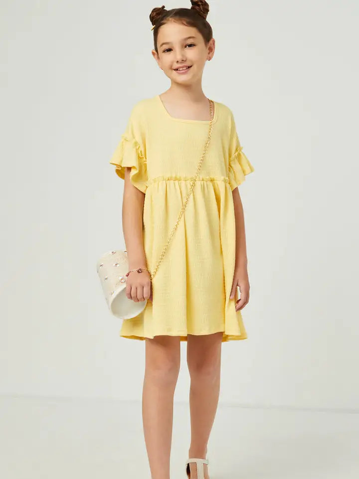 Yellow Smocked Knit Ruffled Sleeve Dress