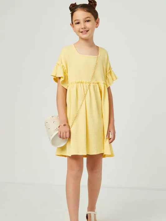 Yellow Smocked Knit Ruffled Sleeve Dress