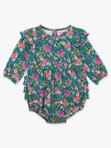 Knit Long Sleeve Flutter Bubble Romper, EMERALD FLORAL