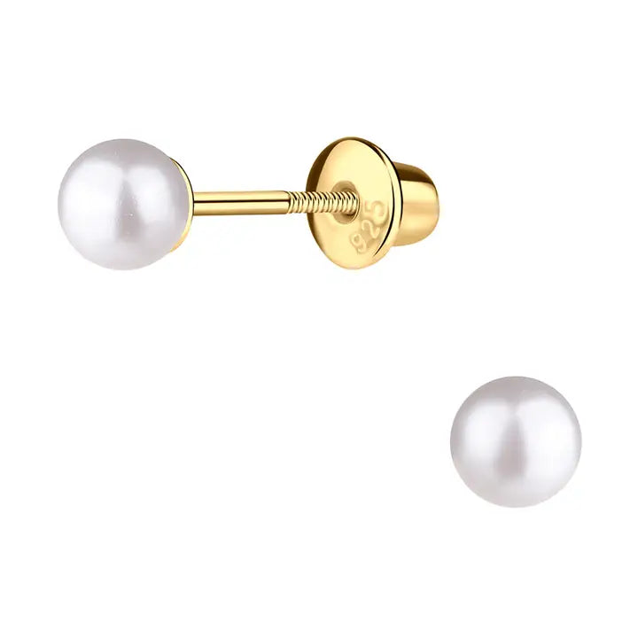 14K Gold-Plated White Pearl Earrings with Screw Back