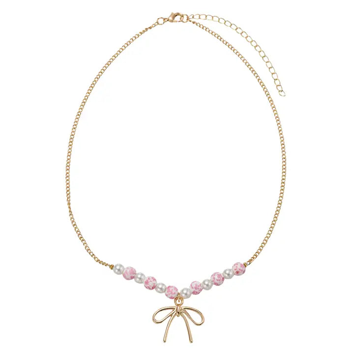 Pink Floral Bead Bow Necklace