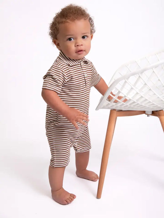 SS Polo Romper, Choc Stripes