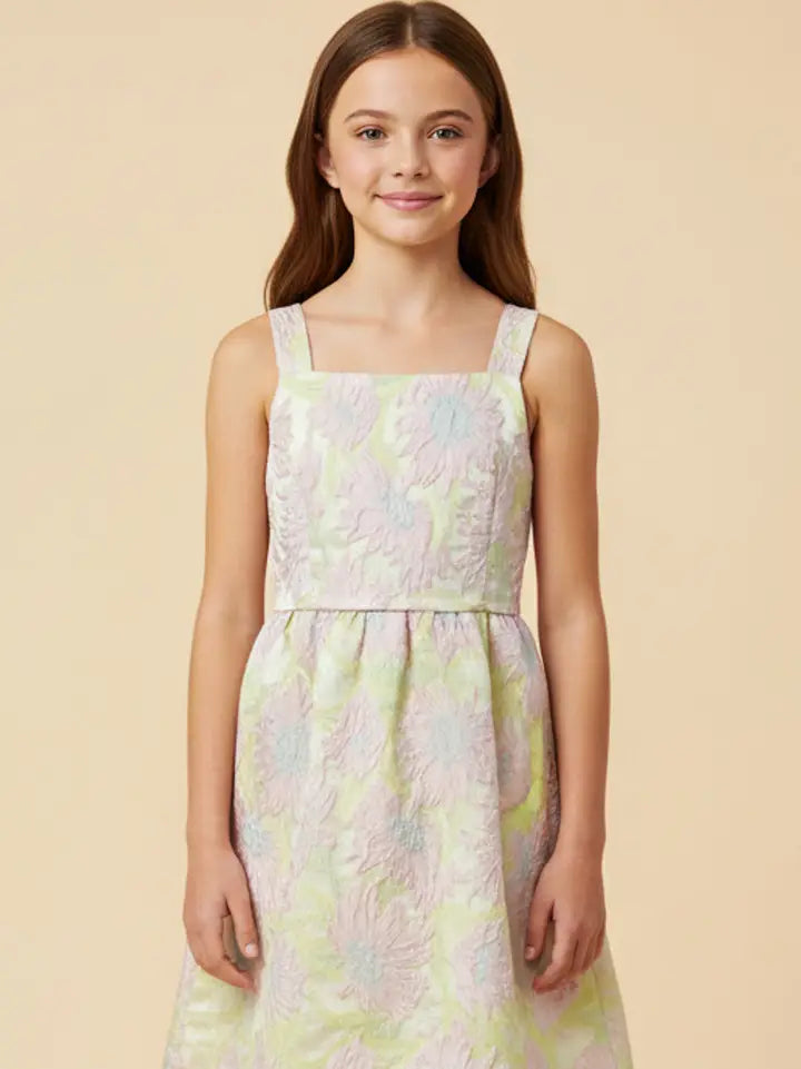 Pink Mix Floral Jacquard Square Neck Sleeveless Dress
