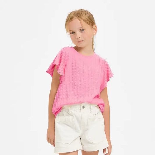 Pink Embossed Knit Ruffle Sleeve Top